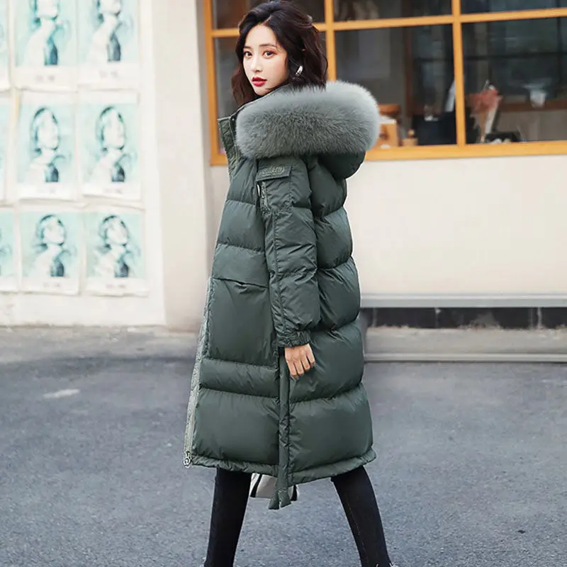 

Длинный Зимний пуховик для женщин 2021, однотонное повседневное женское пуховое пальто с капюшоном и меховым воротником, однотонное плотное ...