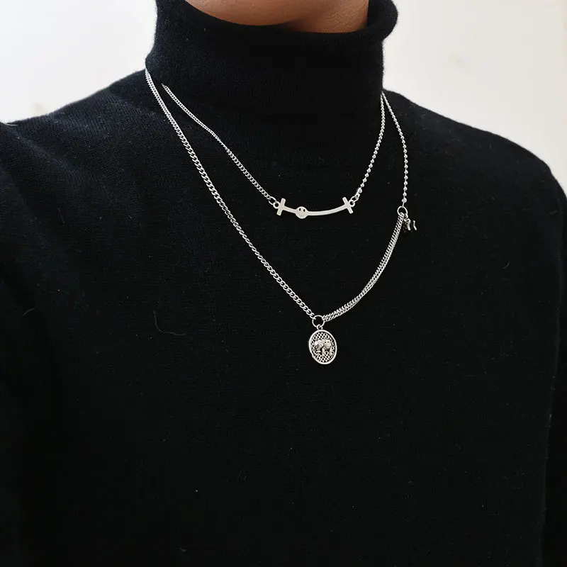 Модное Двухслойное ожерелье со смайликом из титановой стали Женская цепочка до