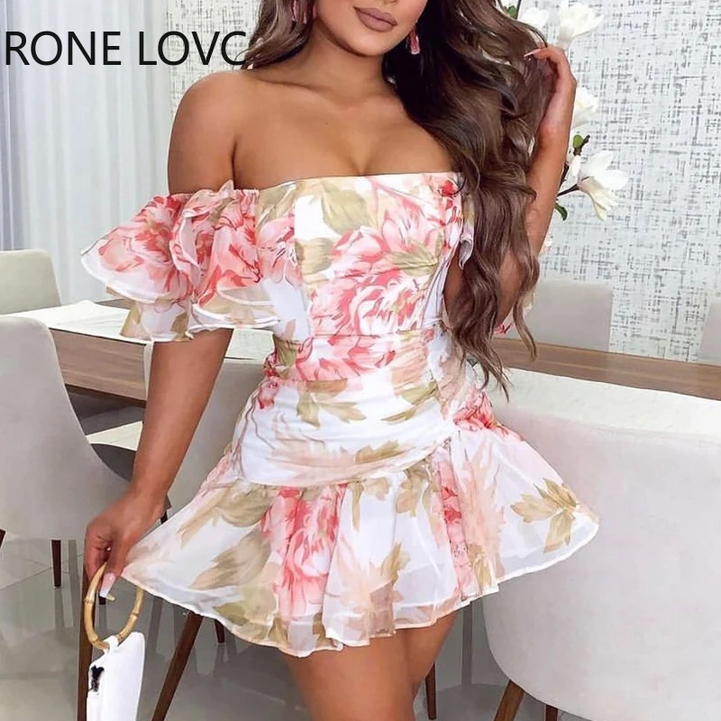

Women Floral Print Off Shoulder Ruffle Hem Ruched Dress Ruffles Dress Mini Dress Women Summer Dress