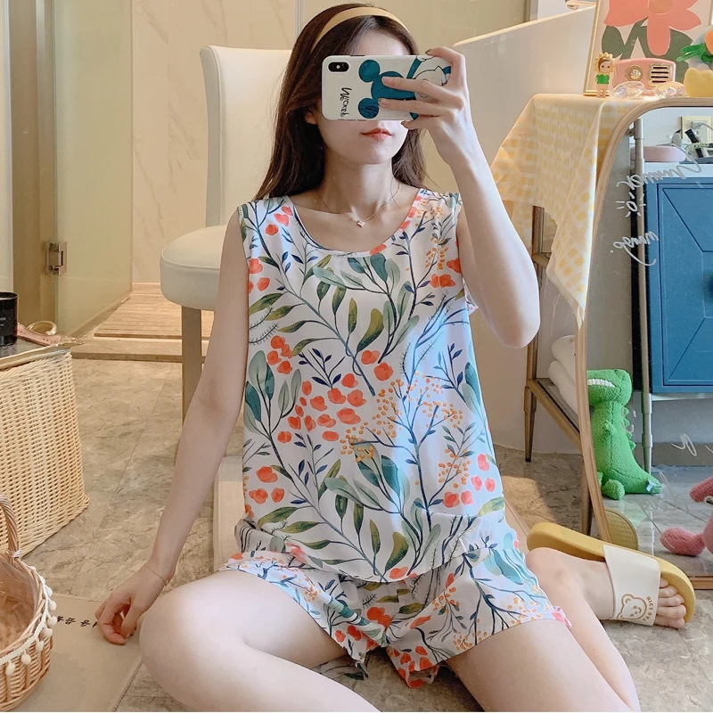 

Пижама Poppin женская летняя хлопковая шелковая майка шорты костюм из двух частей в японском стиле простая популярная в Интернете вискозная д...