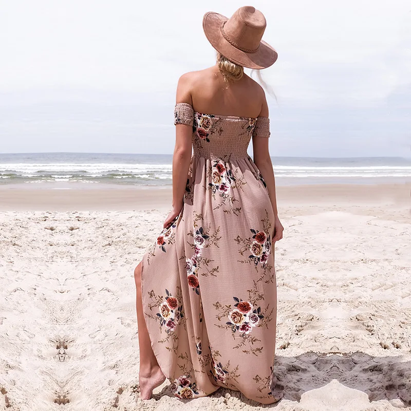 Boho style long dress women Off shoulder beach summer dresses Floral print Vintage chiffon white maxi vestidos de festa | Женская одежда