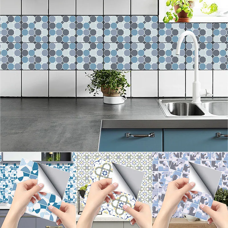 

6pcs/set Modern Style 20*20cm Tiles Ceramics Wall Sticker Kitchen Wardrobe Home Decor Art Mural Peel & Stick Wall Decals
