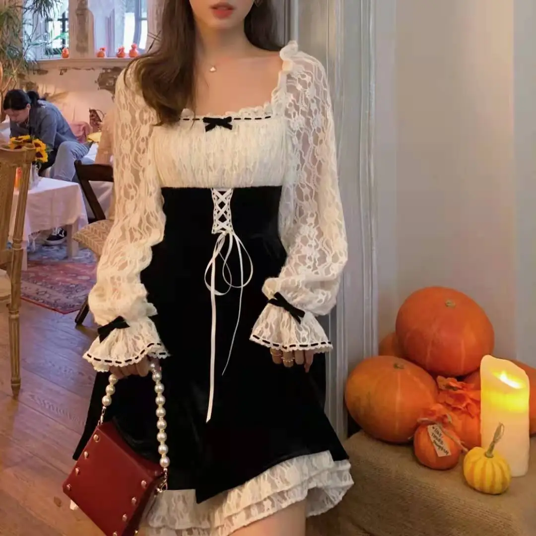 

French Vintage Dress Women 2021 Spring Casual Kawaii Lace Slim One Piece Dress Korean Elegant Retro Fairy Dress Female Cute Chic