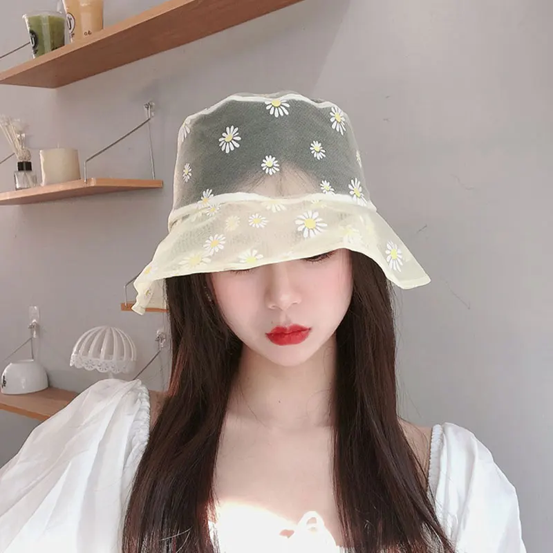Летняя Солнцезащитная шляпа с сетчатыми цветами Милая женская в рыбацком стиле