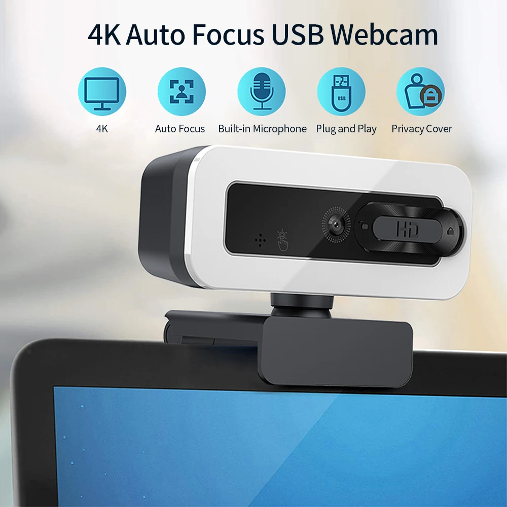 

4K Auto Focus USB Webcam Driver-free Web Camera with Noise Reduction Microphone Privacy Cover for Video Chat Online Conference