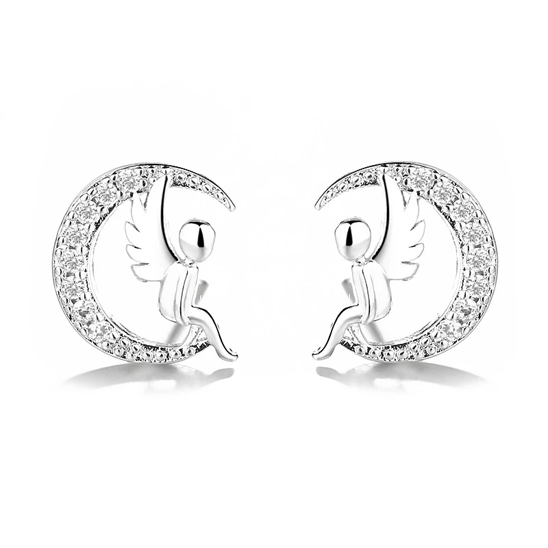 

1 Pair Charm Moon Silver Plated Ear Studs for Female Fine Jewelry 2021 New Fashion Angel Luxury Design Women Earrings