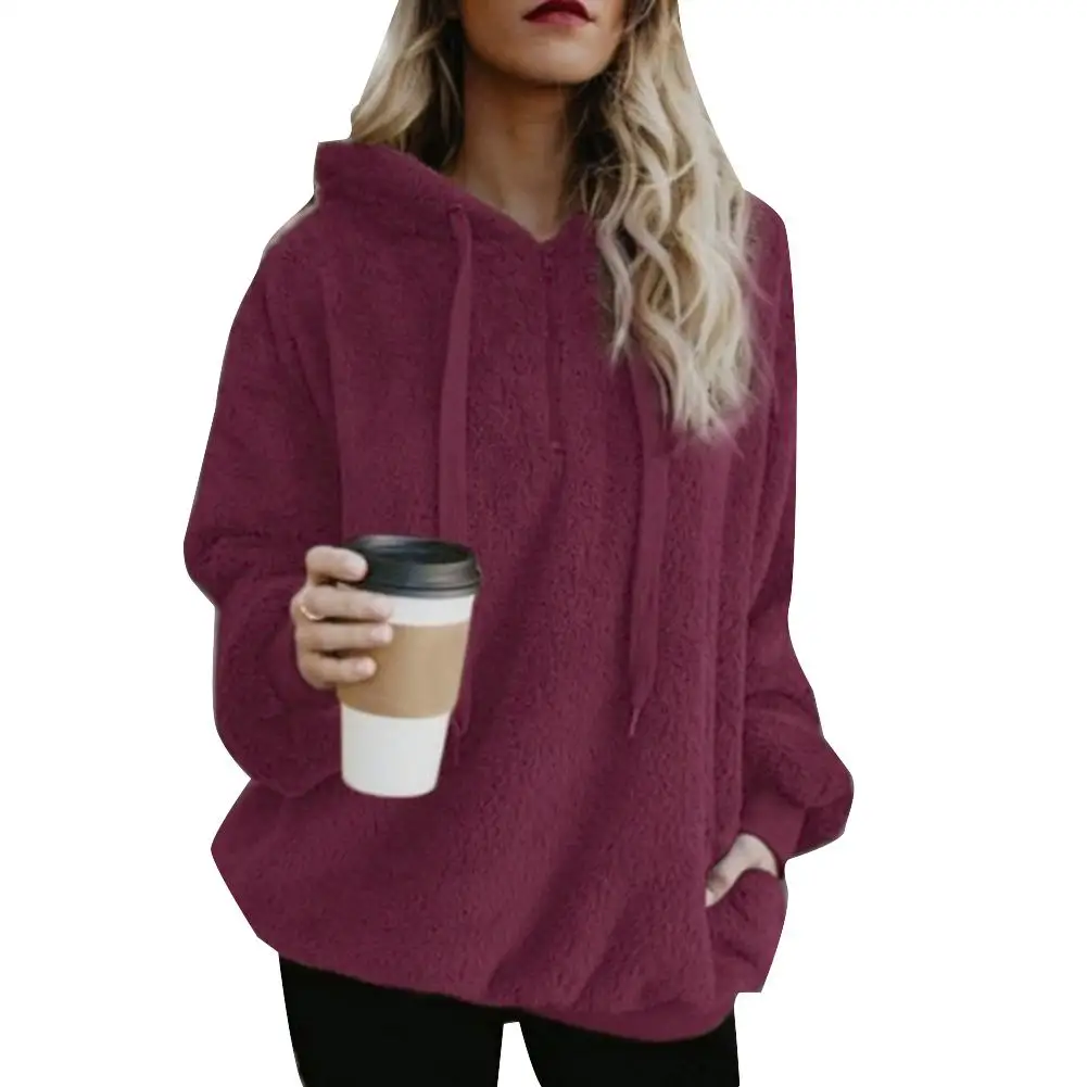 Plus Size Winter Solid Color 1/4 Zip Up Fluffy Hoodies Women Hooded Sweatshirt