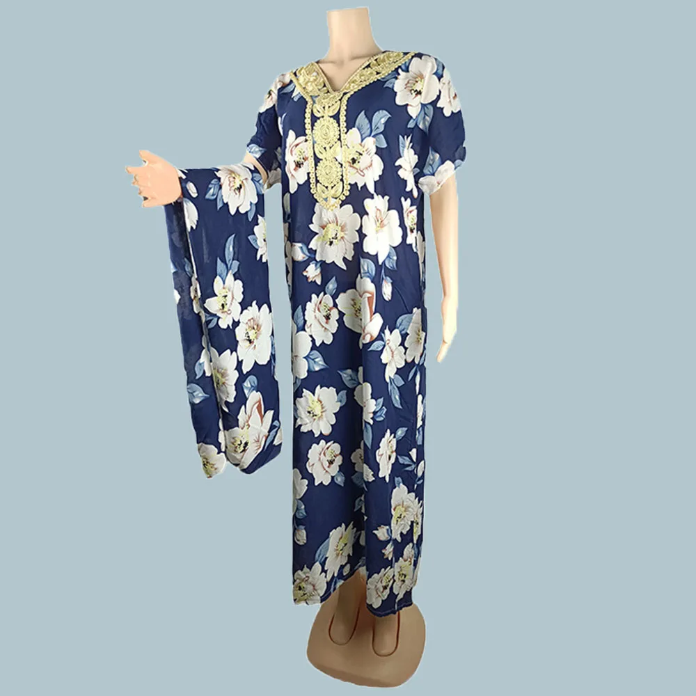 

Muslim Summer 2021 Women's Dress Fashion Embroidery Printing Loose Robe Dress V-neck Summer Oversize African With Scarf
