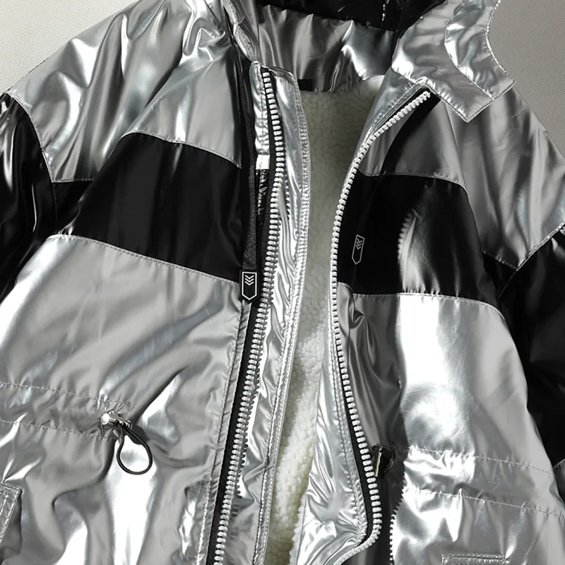 

Aolamegs Winter Loose Men's Jacket Thicken Warm Lambswool Jacket Fashion Patchwork Hooded Coats Bright Oversize Jacket Outwear