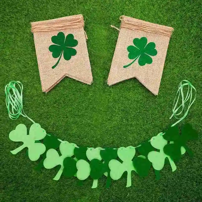 

2.8 Meters Irish Shamrock Burlap Banners Green Clover Bunting Garland Swallow-tailed Flags For St. Patrick's Day Decorations