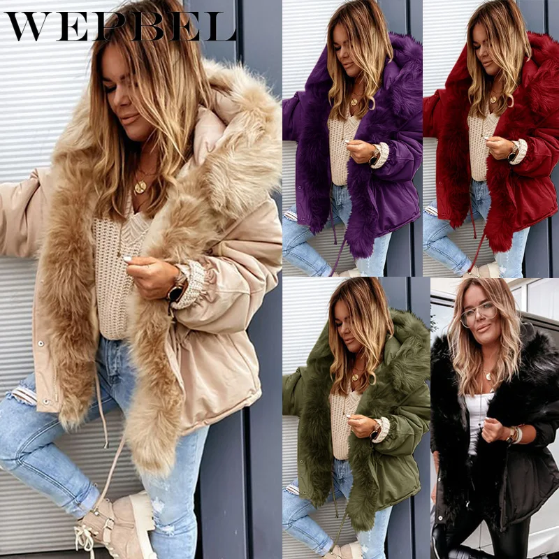 

Женское зимнее теплое толстое меховое пальто WEPBEL с капюшоном, женская Свободная куртка с длинным рукавом и поясом на шнурке, парка с капюшон...
