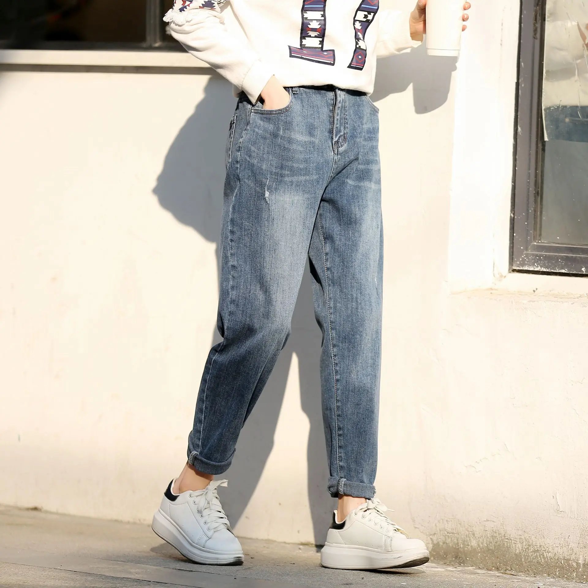 Простые Женские джинсы размера плюс повседневные штаны шаровары с высокой