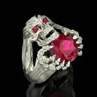 2021 men vintage gothic silver color skull rings red eyes crystal inlay ring luxury punk hip hop party rings bohemian jewelry