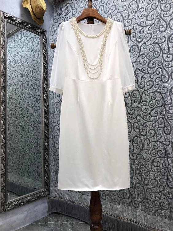 

Женское платье с коротким рукавом, однотонное платье с вырезом горловины и вышивкой бисером, 2021