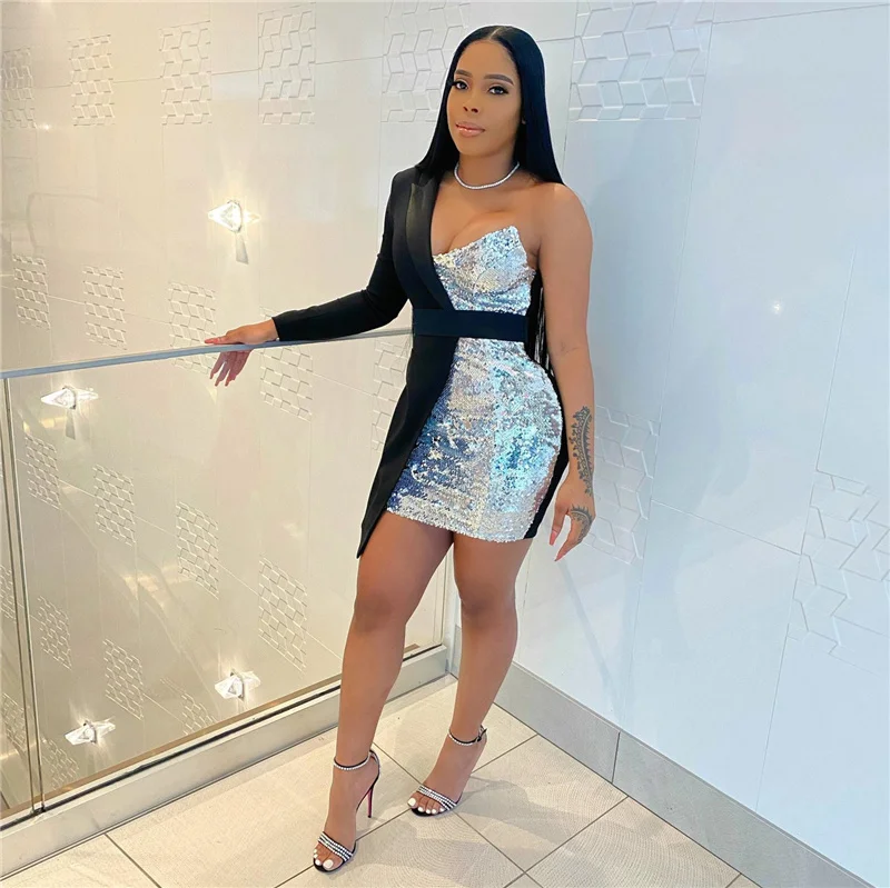 

New 2021 Ladies Fashion High Street Style Short Dress Long Sleeve Strapless Dress Applqiues Mini Short Dress