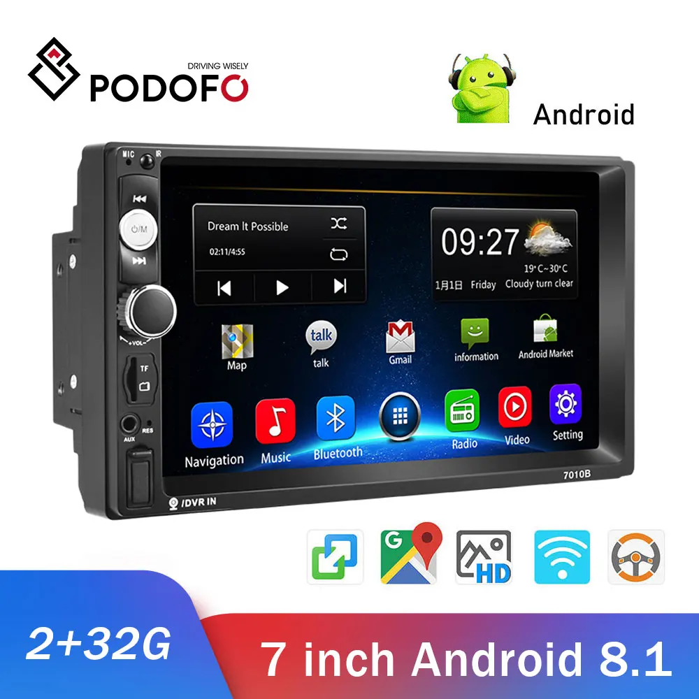 Podofo Android 8 1 2 Din GPS автомобильное радио 7 ''HD 1080P Автомобильный плеер с Bluetooth WIFI FM