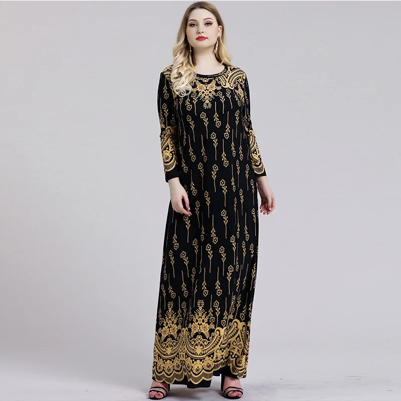 

2021Abaya Middle East Dubai Saudi Arabia Plus Size Dress Summe Style Long-sleeved Arabian Print Skirt Muslim Fashion Ladies Robe