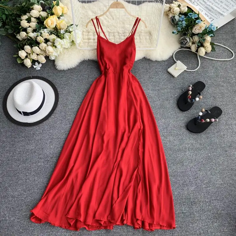 

2019 new fashion women's clothing adult Holiday long suspender dress V-neck open back cross waist slimming beach