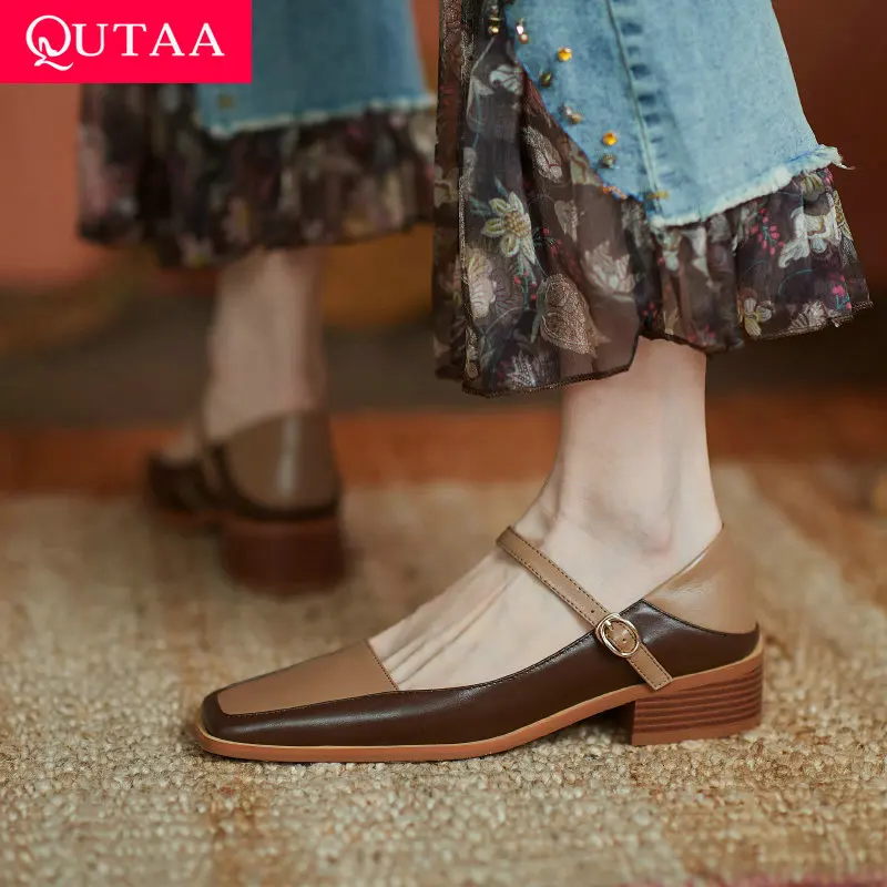 

Женские туфли на низком каблуке QUTAA, черные туфли из натуральной кожи в винтажном стиле с ремешком на щиколотке и квадратным носком, размеры ...