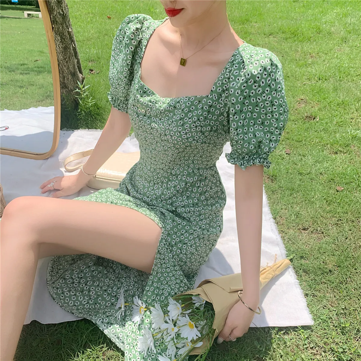 

French Square Neck Floral Dress Women 2021 Summer New Elegant Bodycon Split Dresses Female Casual Puff Sleeve Pullover Clothing