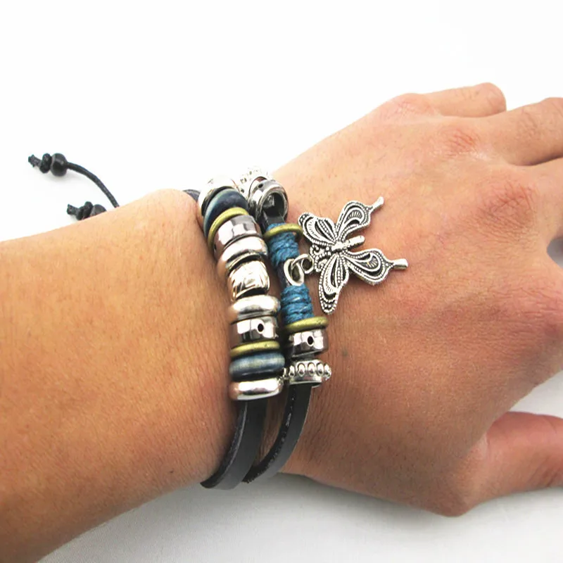 Женские кожаные браслеты в стиле панк рок с подвеской бабочкой бусинами и