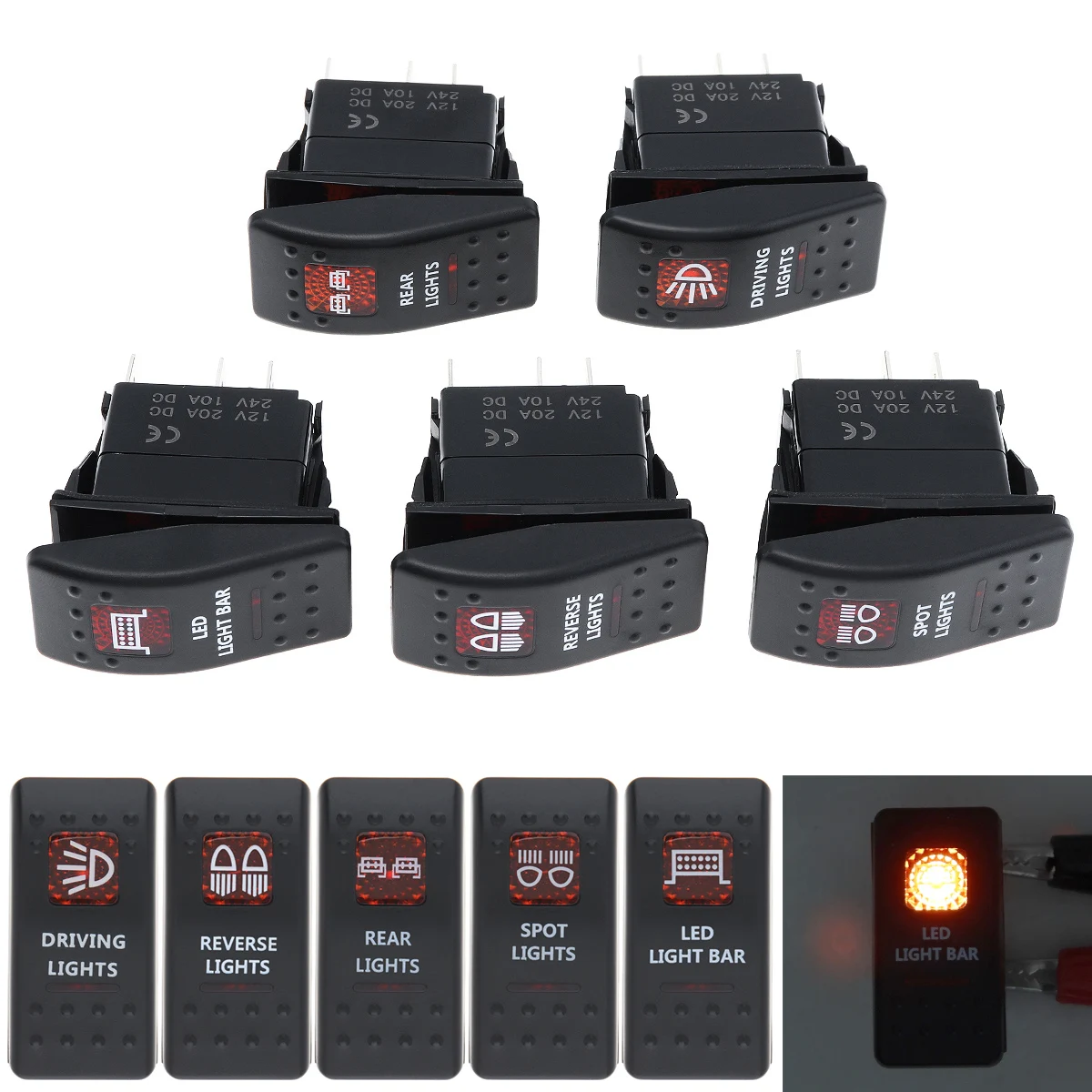 

Waterproof 20A 12-24V 5 Pin Marine Switch SPST ON-OFF Car Red Led Lights Switches Boat Truck Light with Dual Illuminated LED