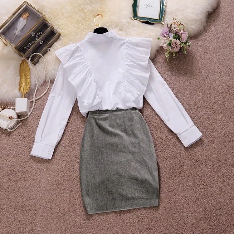 

Popular Women Ruffled White Shirt Blouse and Sexy Drawstring Ruched Short Mini Skirt Casual Sets TN558