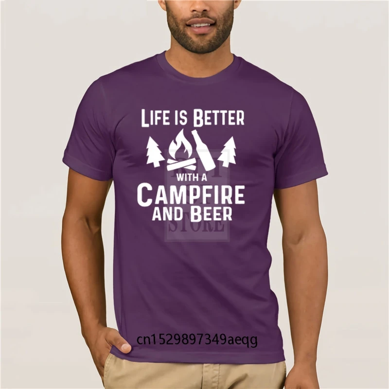 

round neck cool man's T shirt Short Sleeve O neck Cotton Campings T shirt Life Is Better With A Campfire And Beer