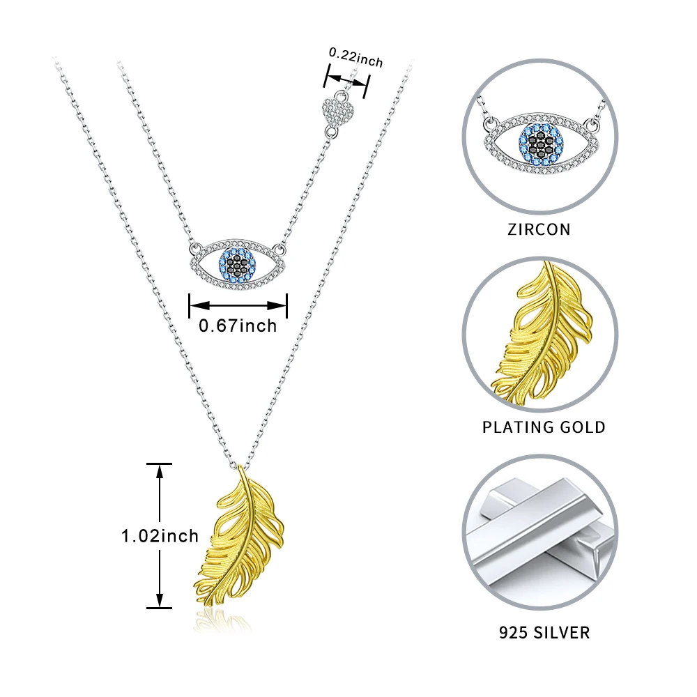 

New 925 Sterling Silver Blue Evil Eye Necklace Gold Feather Pendant Necklace Fashion Jewelry for Women Party Gifts Wholesale