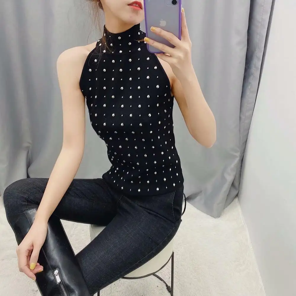 Женский трикотажный свитер ZA черный свободный без рукавов с металлическими