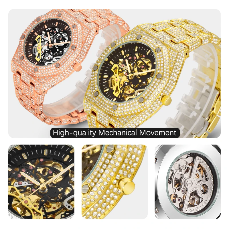 

Design Brand Luxury Men's Watches Automatic Gold Business Watch Men Steel Transparent Mechanical Men's Wristwatch New