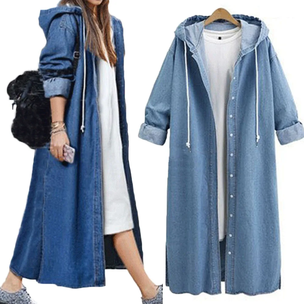 Женское джинсовое пальто с открытым капюшоном однобортное длинное осенняя