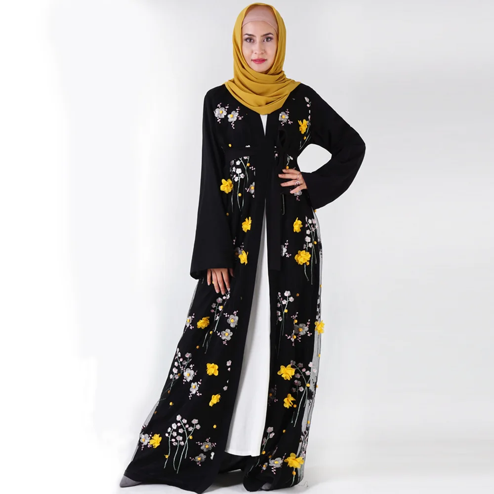 

2021 Summer New Ladies Middle East Dubai Abayakaftan3D Three-dimensional Flower Embroidery Jacket Muslim Women's Robe