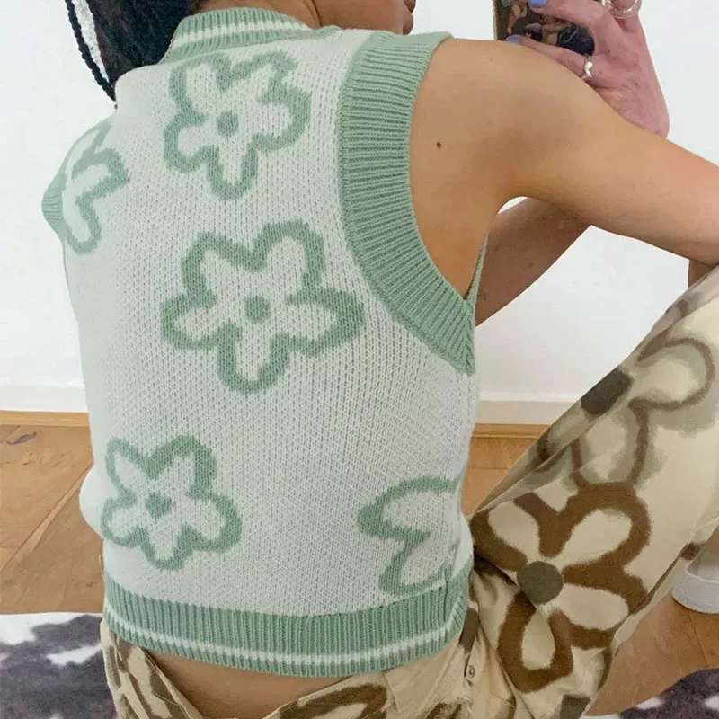 

Fashion Tank Sweaters Sweet Sweater Tops Pullover 2021 Autumn Women Sleeveless O-neck Flower Knitted Vest Sweaters Women Clothes