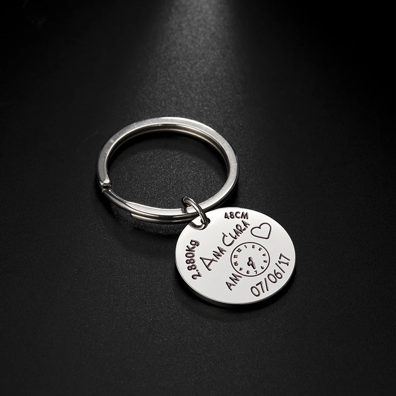 

Lemegeton Custom Newborn Baby Commemorate Key Chain Engraved Baby Name Birth Date Keychain Romper Keyring New Mom Gift