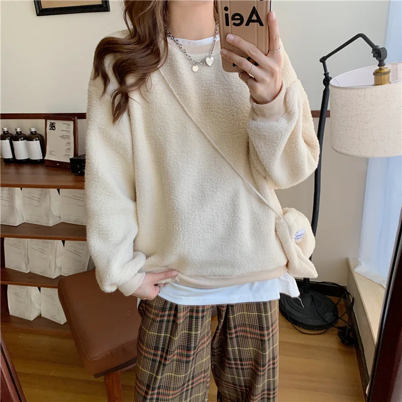 Women Harajuku Solid Sweatshirt with Bag Long Sleeve Hoodie Pullover Cotton Loose Hoodies Kawaii Sweetshirt for Girls Tracksuit