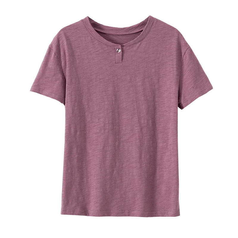 

Summer 2020 Solid Pure Color T-shirt Women Cotton O-neck Single Button Short Sleeve Casual Tops Minimalist ropa mujer T01403B