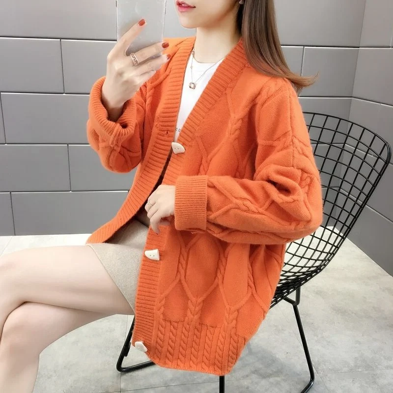 

Chic Casual Sweaters Women Pull Femme 2021 New Autumn Winter Horn Button Thick Warm Knitted Cardigans Female Coat Sueter Mujer