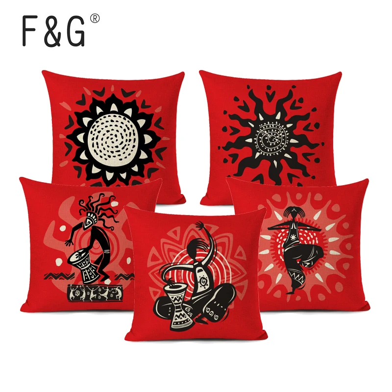 

Red African Tribal Totem Cushion Cover Dancing Africans Decorative Cushions Linen Pillow Case For Sofa Living Room Decoration