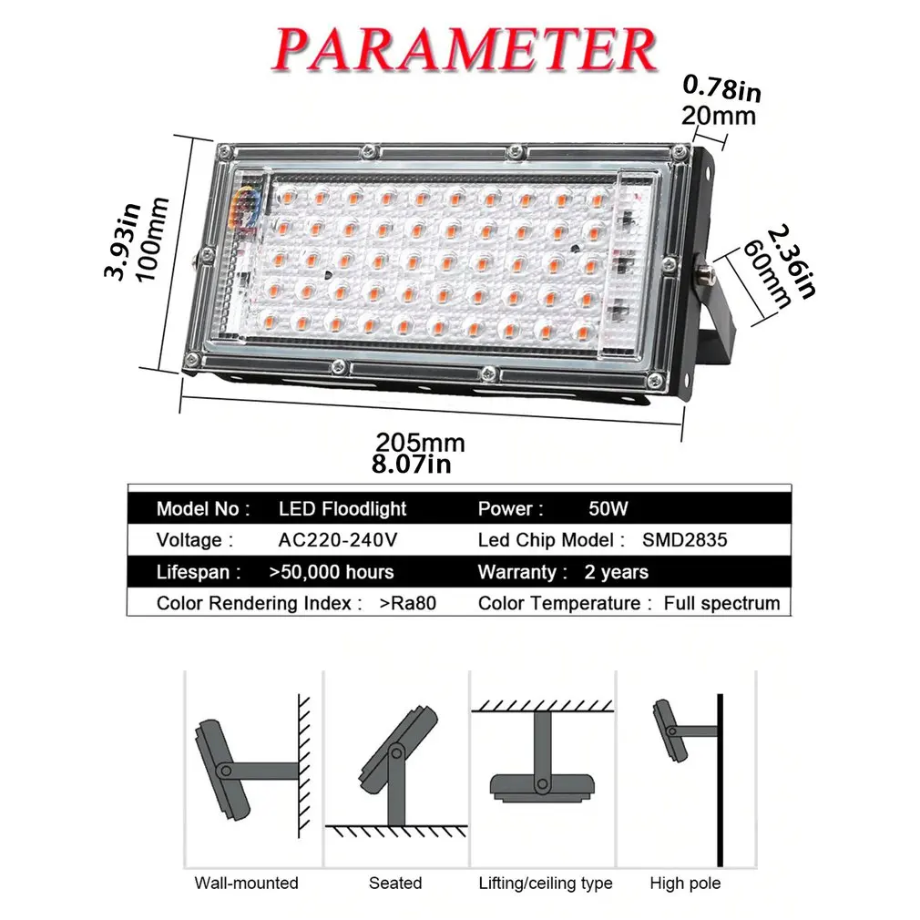 

LED Full Spectrum 50W Plant Growth Light USB Full-spectrum Plant Light Flower Planting Tent Spotlight Outdoor Floodlight