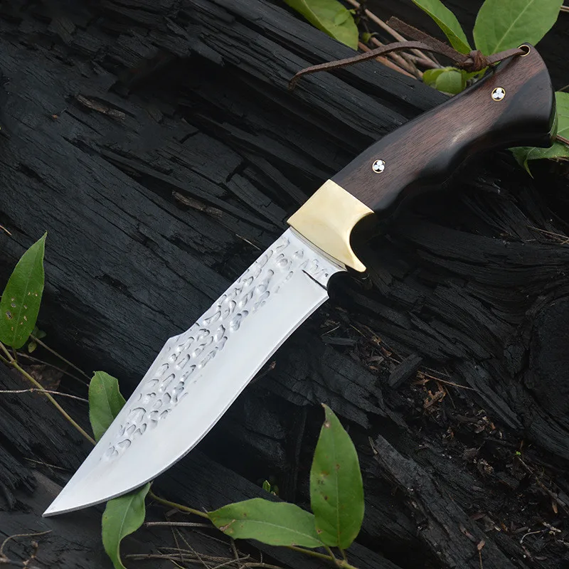 

D2 стальной нож с фиксированным лезвием, уличный кованый зеркальный легкий латунный походный тактический нож Ebonwood 60HRC с кожаным чехлом