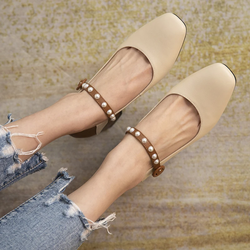 

VERCONAS Pearl Mary Janes Women Pumps Mixed Colors Genuine Leather Thick Heels Working Shoes Woman Spring Casual Retro Concise