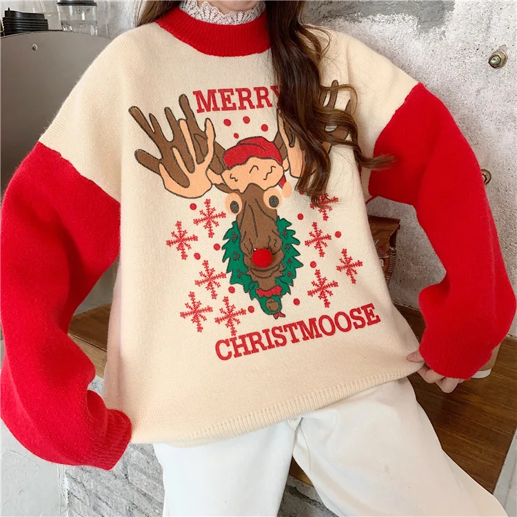 

Red New Winter Loose-Fit Women's Christmas Elk Sweater Loose Jacquard Sweater Korean Fashion Pullover