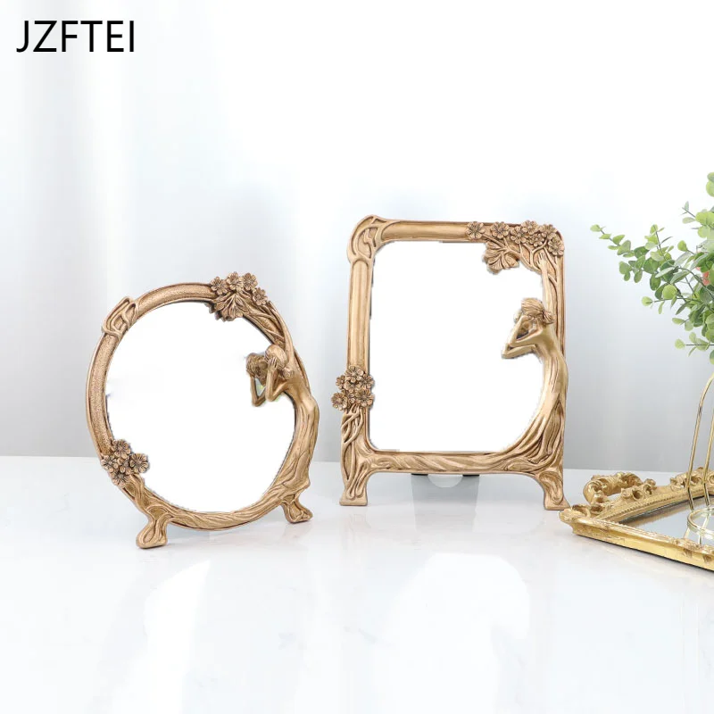 

French Retro Resin Make-up Mirror Simple Household Desktop Golden Figure Marked Decorative Mirror Light Luxury Home Decoration