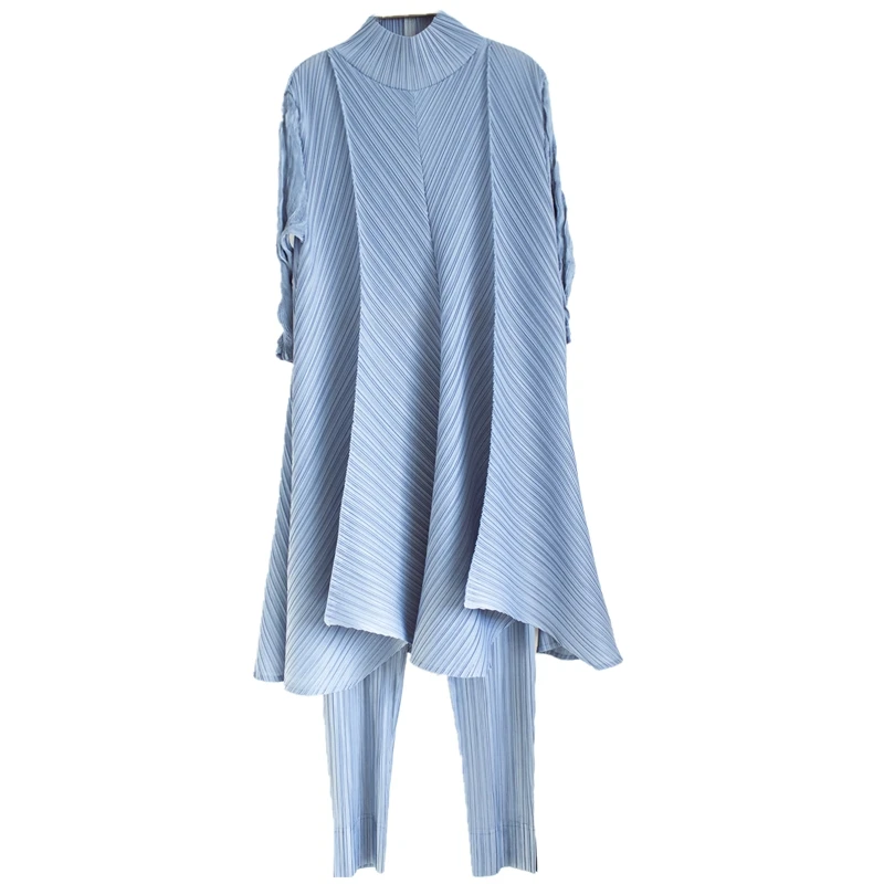 

LANMREM 2021 New Spring Turtleneck Three Quarter Sleeves Pleated Pullover Dress And Full Lengths Pants Set WK83505 Free Size
