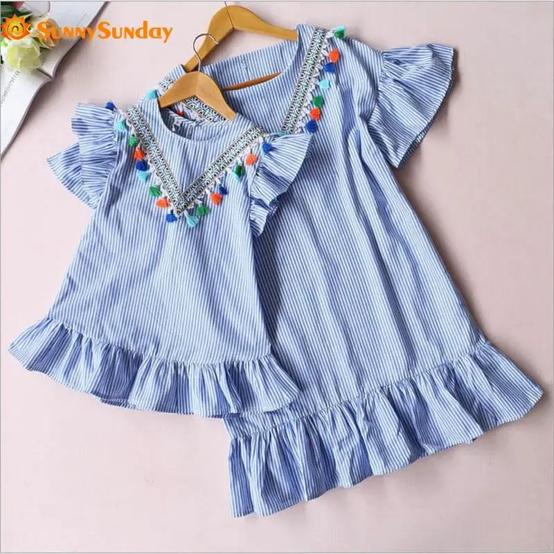 

New 3-8 Years Old Summer Girls Cute A-Line Embroidery Dress Above Knee O-Neck Fringe Vertical Striped Ruffled Dresses Princess
