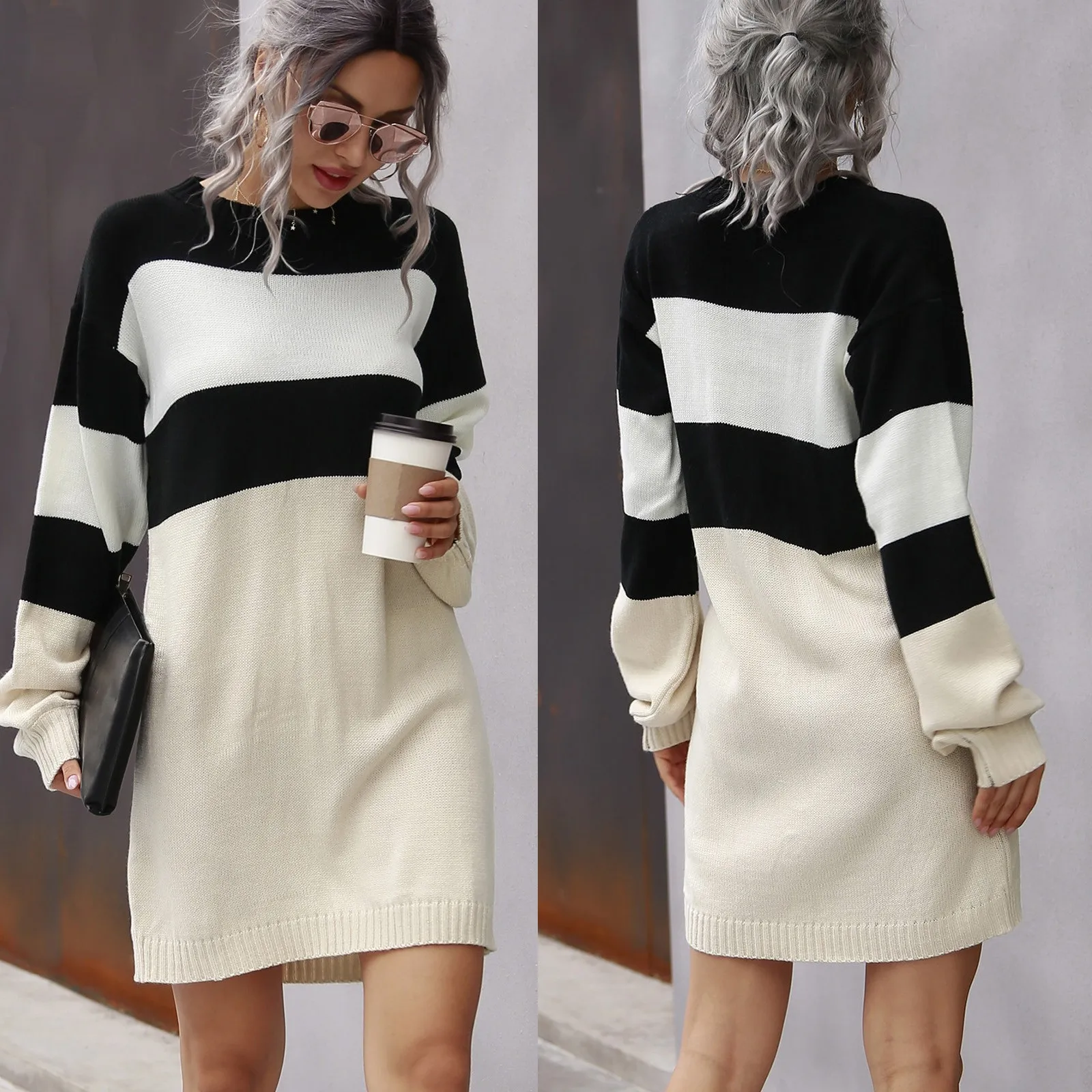 

Women's Long Sleeve Color Match O Neck Pullover Sweater Knit Dress Harajuku Vintage Style Korean Ladies Dresses Clothings