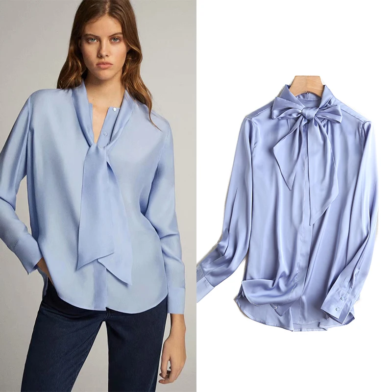 Женская шифоновая блузка с бантом на воротнике ZA однотонная Повседневная
