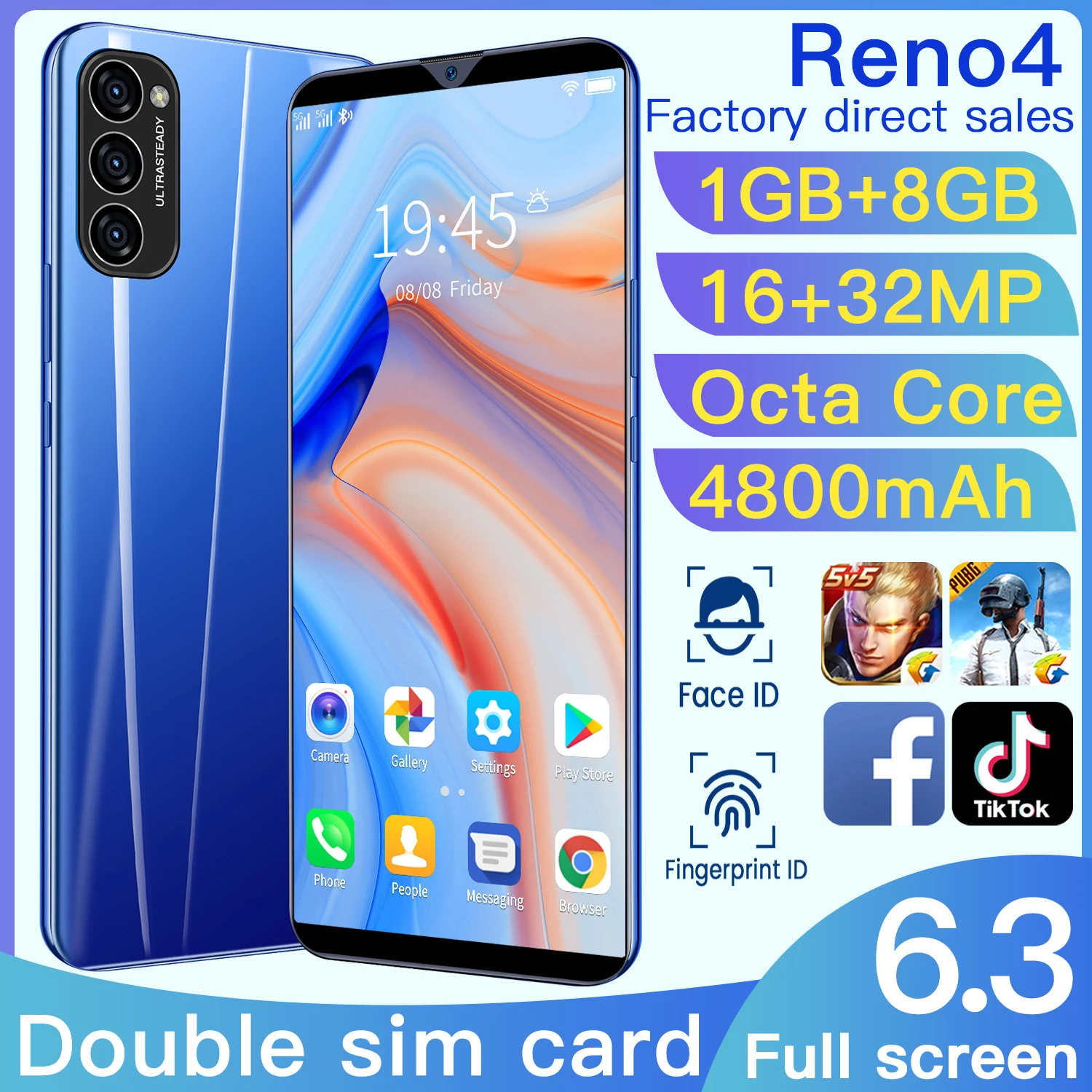

Cheapest Smartphone Reno4 6.3 Inch Full Screen 1GB RAM+8GB ROM Cellphone Android 6.0 Unlocked Dual Sim Mobilephone Celular GPS