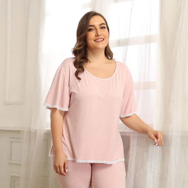 Wipalo Summer Women Plus Size Lace Trim Pink Sweet Casual Sleepwear Sleep Shirt +Pants Set Loose O-Neck Short Sleeve Pajama Sets | Женская